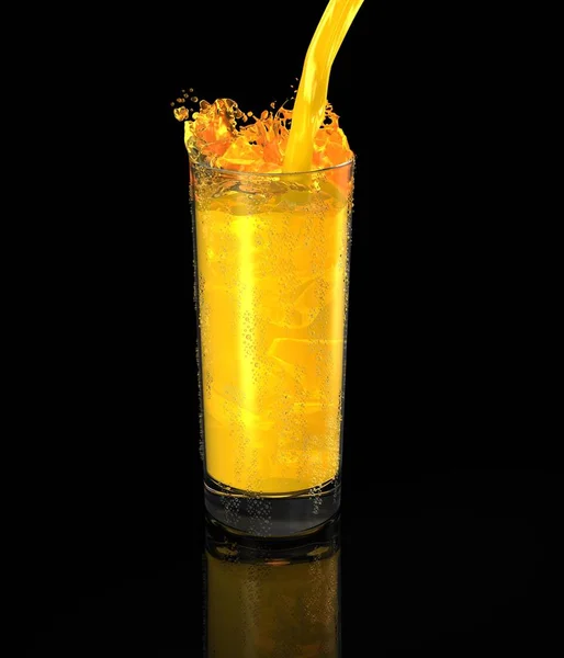 Verre Jus Orange Avec Éclaboussure Sur Fond Noir — Photo