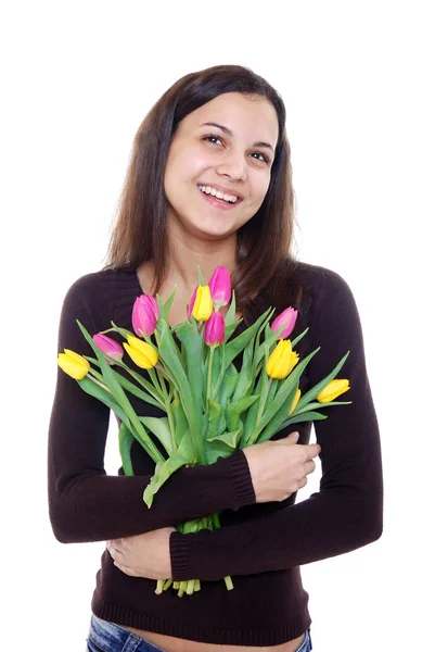 Hermosa Joven Con Ramo Tulipanes — Foto de Stock