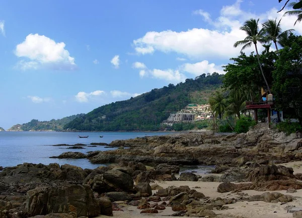 Stony Beach Surrounded Palm Trees — Stock Photo, Image