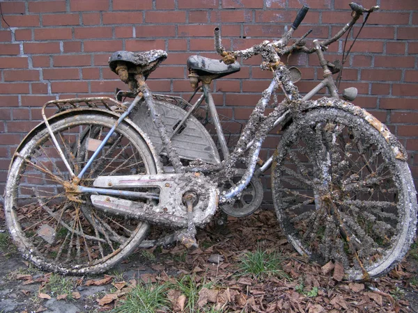 Antigua Bicicleta Época Con Una Pared Ladrillo Negro — Foto de Stock