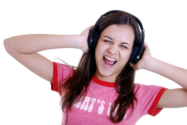 Mujer Joven Escuchando Música Con Auriculares — Foto de Stock