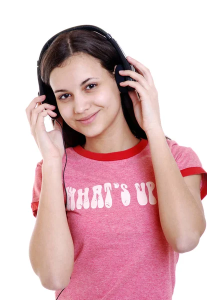 Junges Mädchen Hört Musik Über Kopfhörer — Stockfoto
