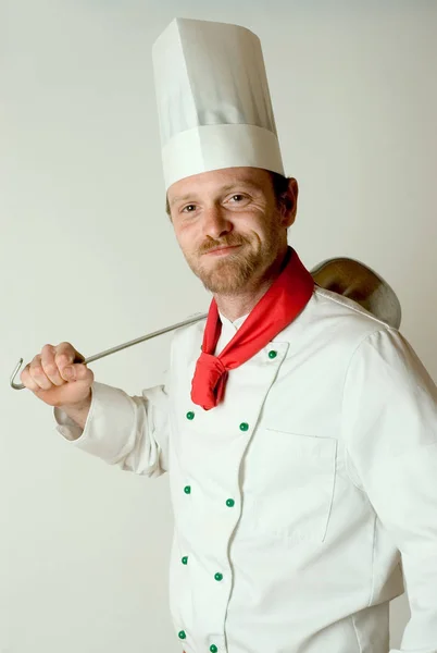 Chef Uniforme Tenant Couteau Souriant — Photo