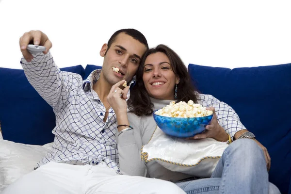 Pareja Viendo Televisión Aislada Blanco — Foto de Stock