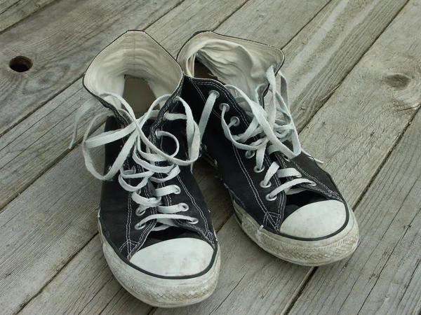 Sneakers Black Shoes Wooden Background — Stock Photo, Image