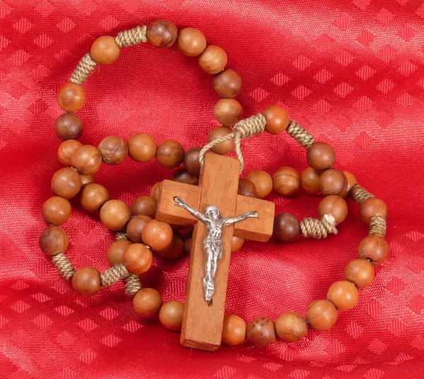 Wooden Cross Rosary Red Bow Brown Background — Stock Photo, Image