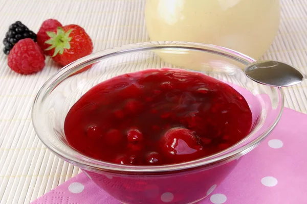 Himbeermarmelade Einem Glas Auf Weißem Holzgrund — Stockfoto