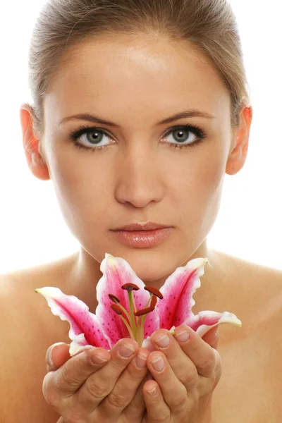 Retrato Beleza Uma Mulher Com Flor — Fotografia de Stock