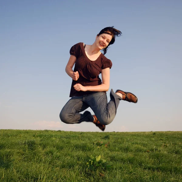 Young Man Jumping Grass — Stock Photo, Image