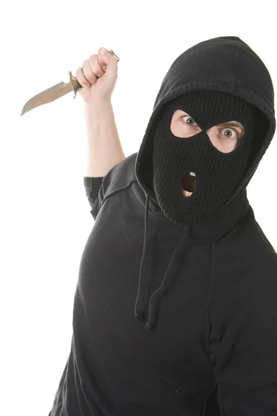 Kar Maskeli Bir Hırsız Beyaz Bir Bıçak — Stok fotoğraf