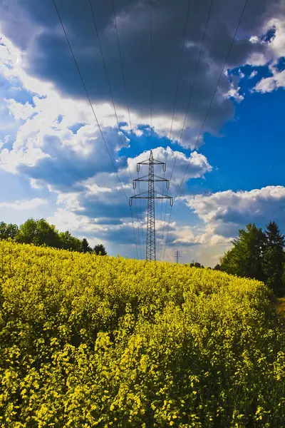 Linie Przesyłu Energii Elektrycznej Energia Elektryczna — Zdjęcie stockowe