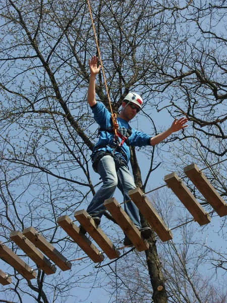 Balancieren Auf Der Dschungelbrücke Erlebnispädagogisches Persönlichkeitstraining Amp — Stockfoto