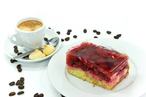 Himbeerschnitte Mit Cappuccino Freier Geste — Stockfoto