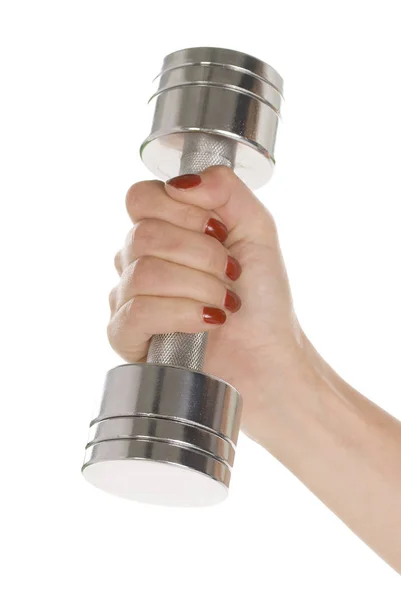 Hand Hält Einen Metallhahn Mit Einem Shaker Isoliert Auf Weiß — Stockfoto