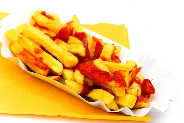 Frites Ketchup Sur Blanc — Photo