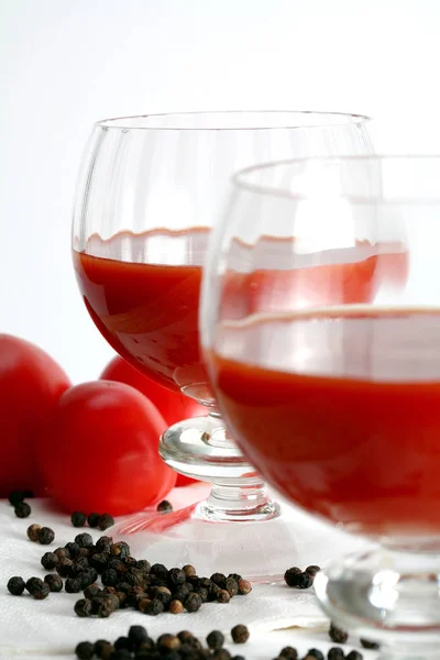 Two Glasses Tomato Juice Black Peppercorns — Stock Photo, Image