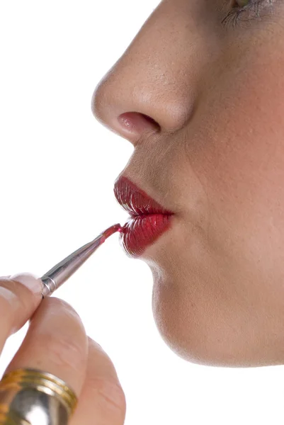 Mujer Aplicando Lápiz Labial Sus Labios —  Fotos de Stock