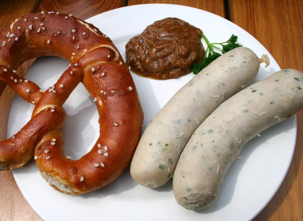 Bavarian White Sausage Pretzel Mustard — Stock Photo, Image