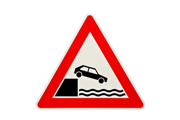 Niebezpieczeństwo Znak Samochód Spada Wody — Zdjęcie stockowe