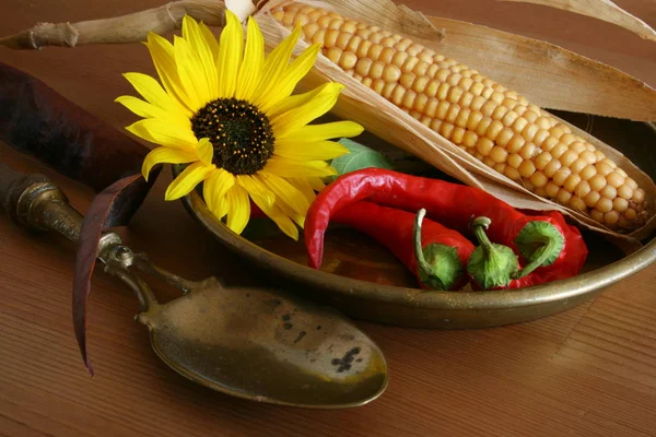 Nature Morte Con Bouquet Fiori Gialli Peperone Rosso Cesto Verdure — Foto Stock