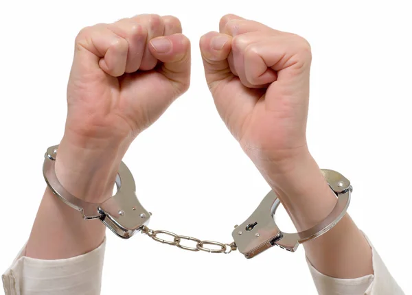 Handcuffed Hands Handcuffs Isolated White — Stock Photo, Image