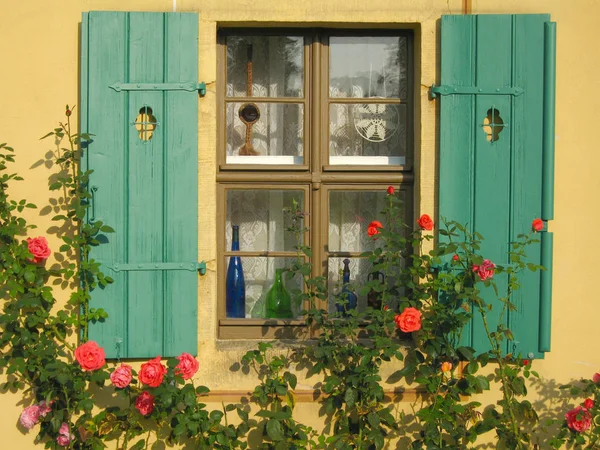 Janela Velha Com Flores Aldeia Italiana — Fotografia de Stock