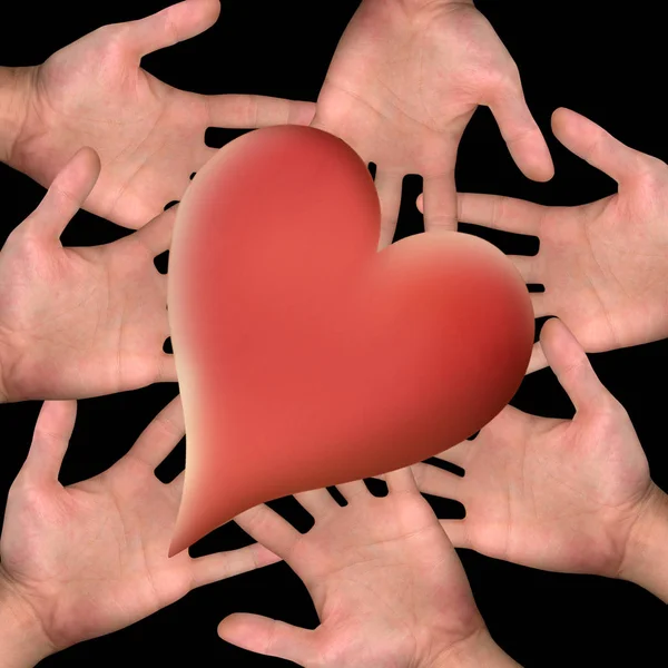 Μεγάλο Κόκκινο Σχήμα Καρδιάς Διάφορα Χέρια — Φωτογραφία Αρχείου