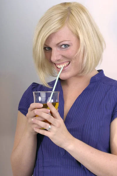 Young Woman Glass Juice — Stock Photo, Image