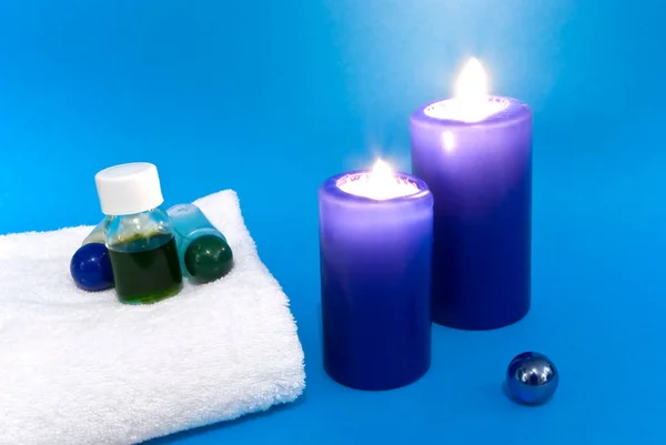 Spa Composition Candles Blue Water Wooden Table — Stock Photo, Image