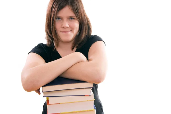 Schülerin Stützt Arme Auf Bücherstapel — Stockfoto