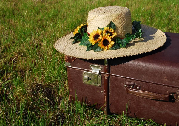 Chapéu Palha Óculos Sol Grama Verde — Fotografia de Stock