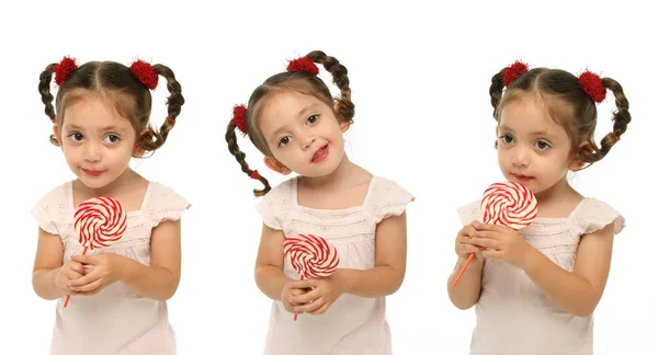 Toddler Holding Lollipop Different Expressions — Stock Photo, Image