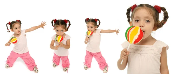 Toddler Segurando Pirulito Com Diferentes Expressões — Fotografia de Stock