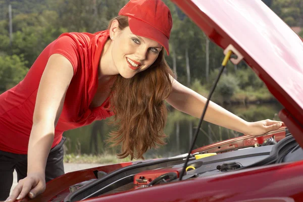 Young Woman Red Car — Stock Photo, Image
