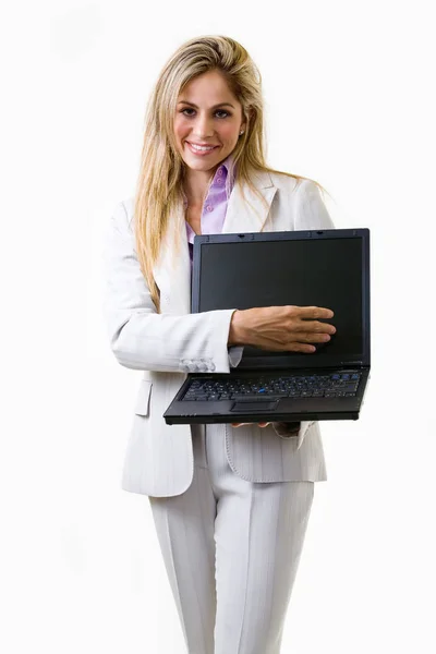 Retrato Uma Bela Jovem Com Laptop — Fotografia de Stock