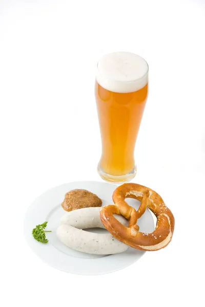 Bavarian Sosis Putih Bir Gandum Dan Pretzel — Stok Foto