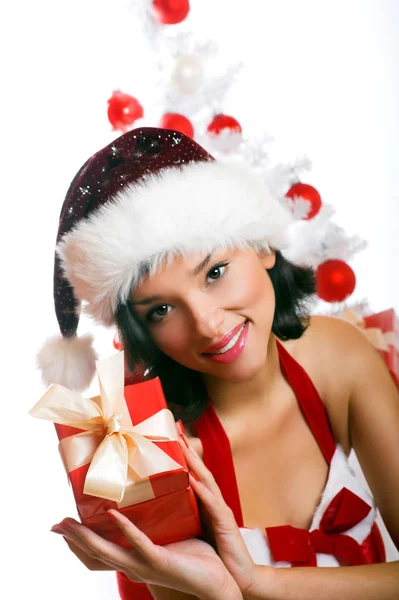 Laughing Christmas Woman Gift Stock Image