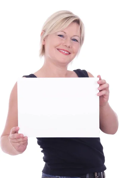 Young Woman Holding Blank Card — Stock Photo, Image