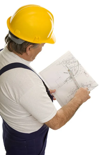 Byggnadsarbetare Med Arkitektplan — Stockfoto