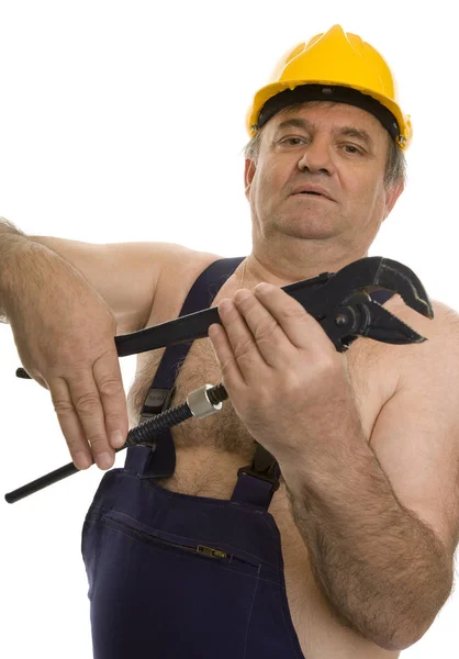 Plumber Pipe Wrench Safety Helmet — Stock Photo, Image