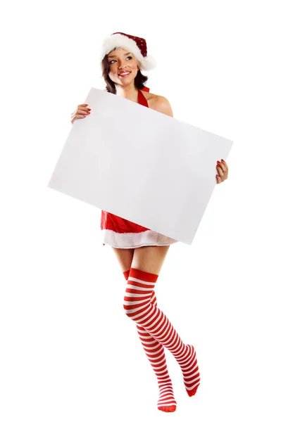 Skrattande Jul Kvinna Med Kort — Stockfoto