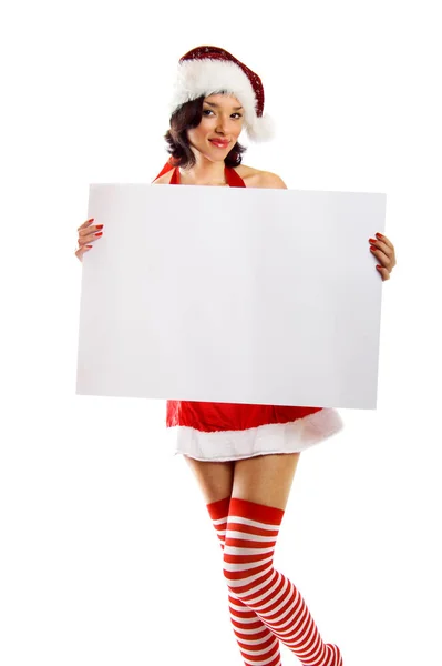 Skrattar Jul Kvinna Med Gratulationskort — Stockfoto