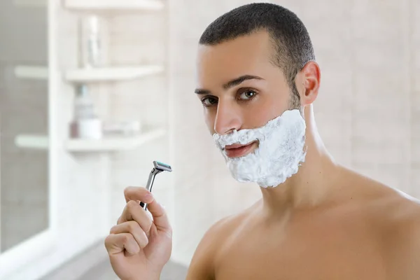 Handsome Young Man Shaving His Beard Brush — Stock Photo, Image
