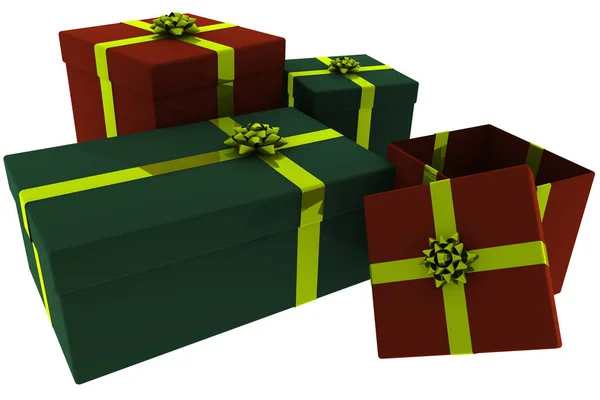 Gesmolten Rood Groen Cadeautjes Met Gouden Strikken Open Doos — Stockfoto