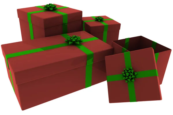 Червоні Зелені Подарунки Відкритою Коробкою — стокове фото