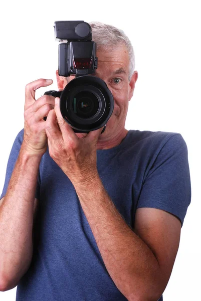 Senior Fotograf Mit Kamera Isoliert Auf Weiß — Stockfoto