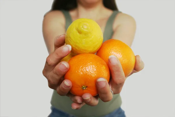 Woman Holding Orange Her Hands — Stock Photo, Image