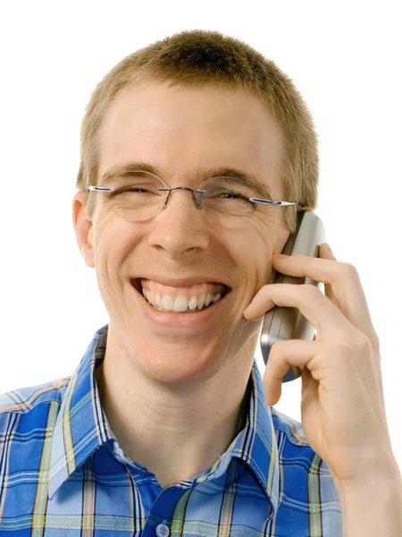 Retrato Homem Sorridente Com Telefone Móvel — Fotografia de Stock