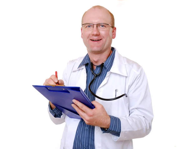 Retrato Médico Sorridente Com Área Transferência Isolada Branco — Fotografia de Stock