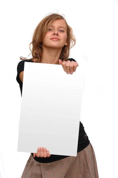 Young Woman Holding Blank Banner — Stock Photo, Image